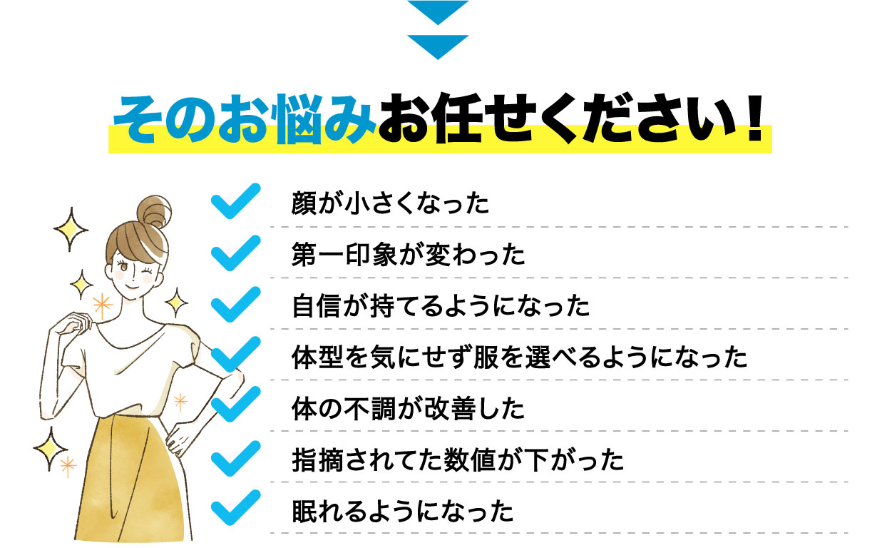 顔が小さくなった/目が大きくなった/自信が持てるるようになった/体型を気にせず服を選べるようになった/体の不調が改善した/指摘されてた数値が下がった/眠れるようになった